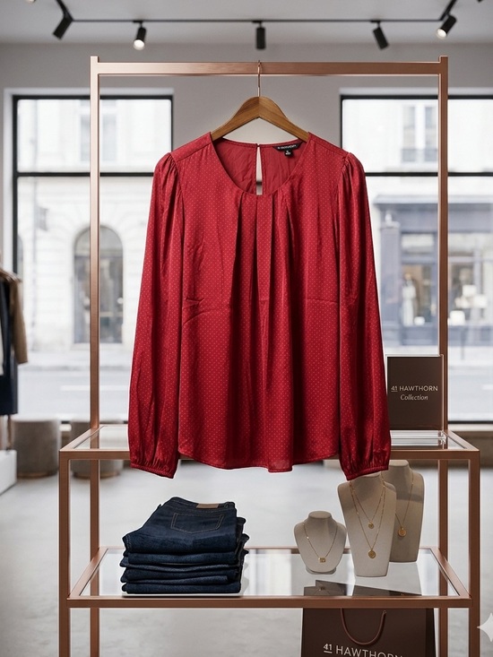 41 Hawthorn Tops - 41 Hawthorn Crimson Red Long-Sleeve Pleated Dot Blouse